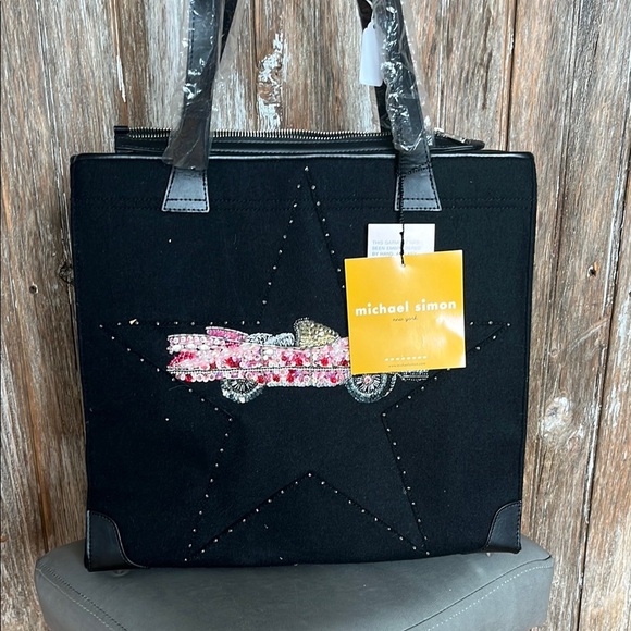NWT Michael Simon Black Tote Bag with Pink and Gold Accents. PINK CADILLAC